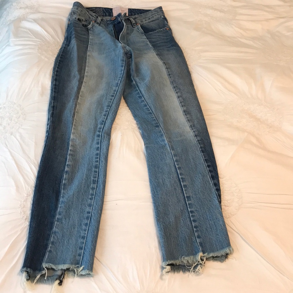 Distressed quilted two toned denim